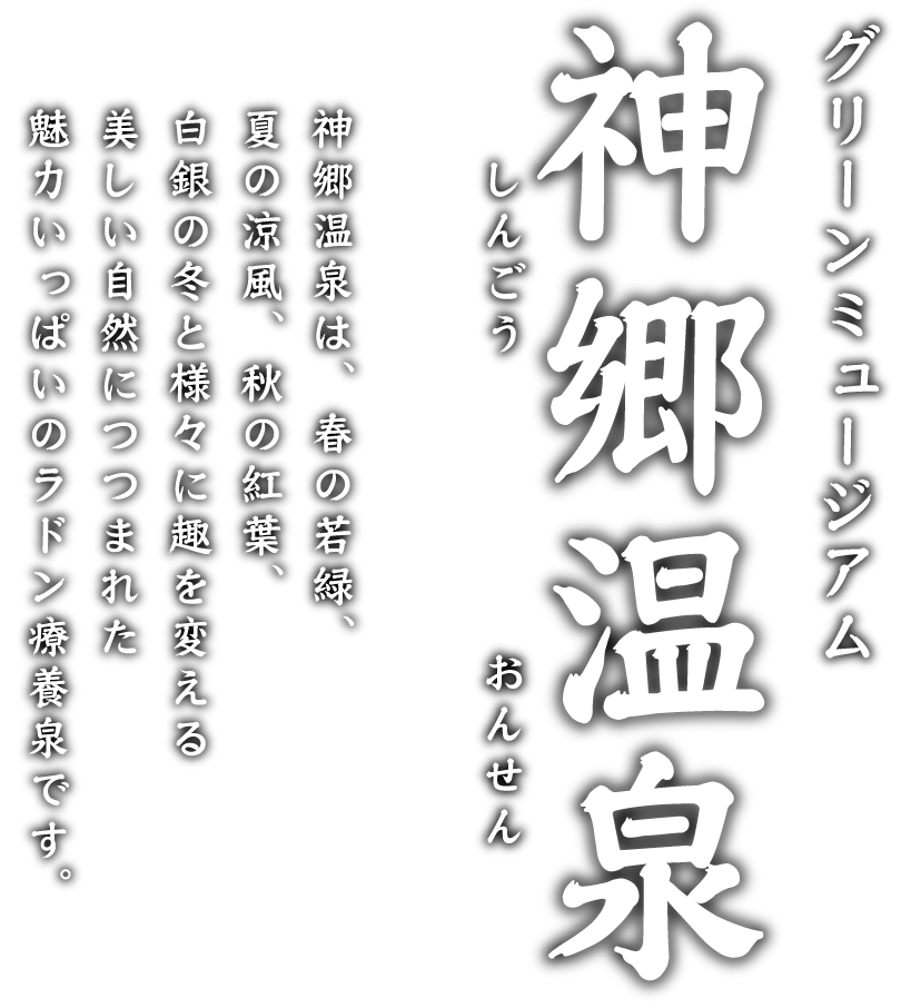 神郷温泉は療養泉です。神郷温泉は、春の若緑、夏の涼風、秋の紅葉、白銀の冬と様々に趣を変える美しい自然につつまれた魅力いっぱいのラドン療養泉です。